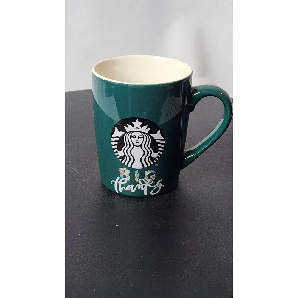 STARBUCKS Big Thanks Mug Ceramic 10 oz. Gift Coffee Tea Cup 2020 Green